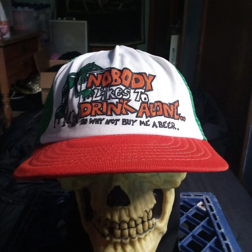 Vintage Nobody Likes To Drink Alone Snap Trucker Hat Cap